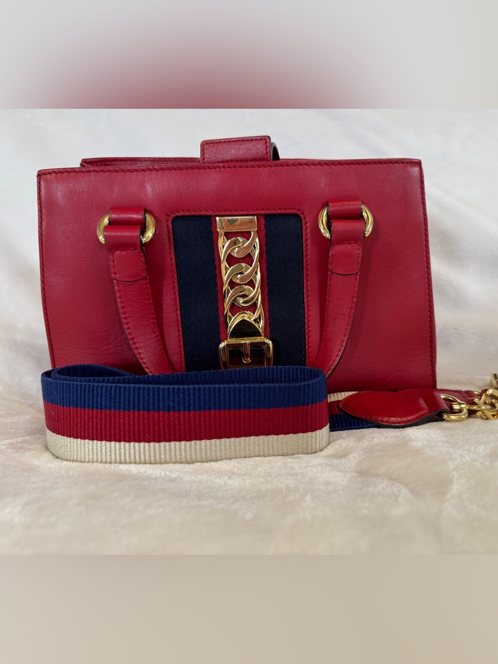 Gucci Small Sylvia Red Leather Satchel with Navy Stripe and Gold Chain